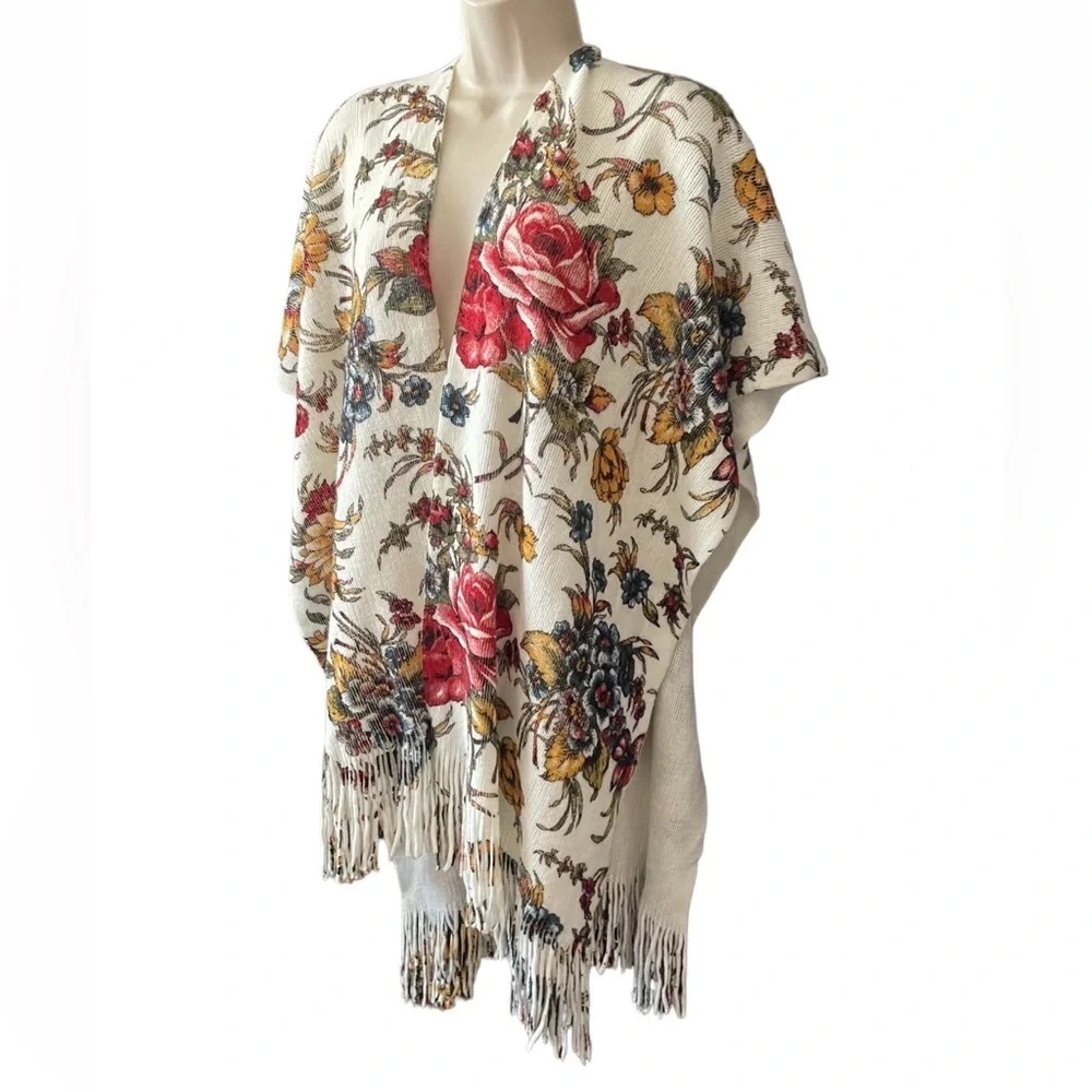 EUC Anthropologie Marseille Floral Fringed Kimono Poncho Shawl O/S Boho Western - Picture 5 of 15